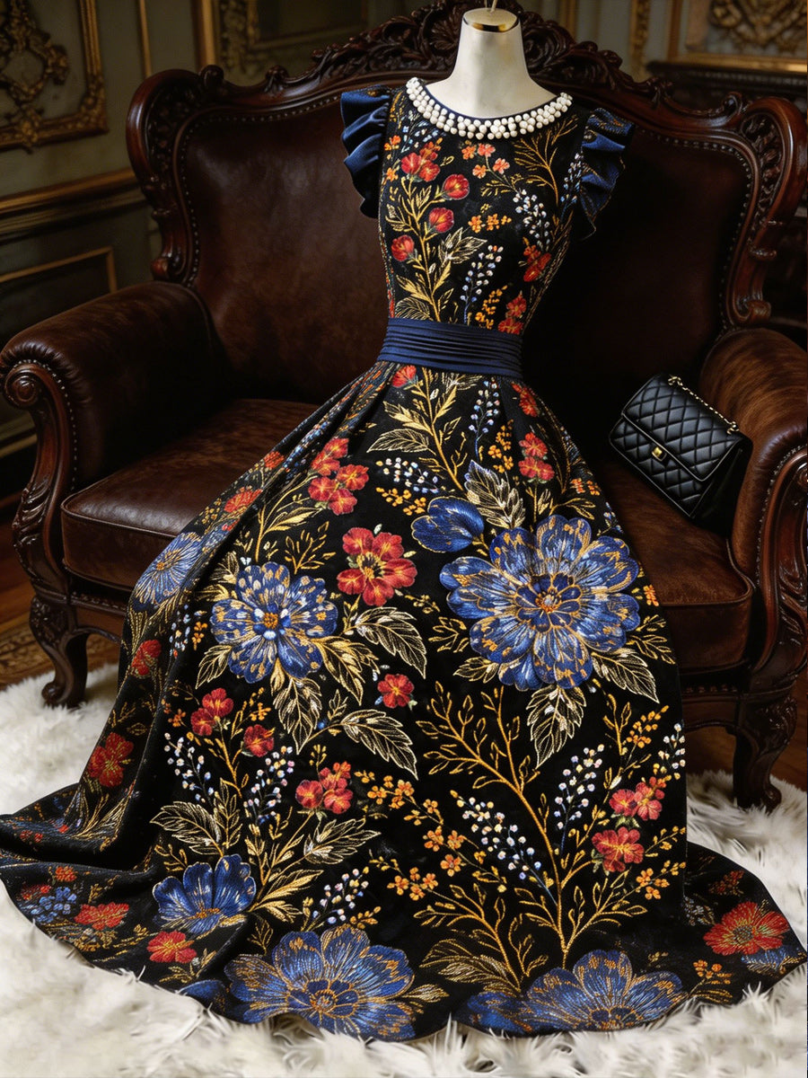 Retro Floral Art Printed Elegant V-Neck Vintage Ruffled Hemmed Sleeves Maxi Dress